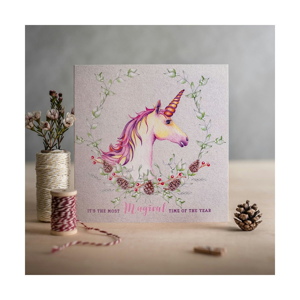 image 1 of Deckled Edge Christmas Card - Its The Most Magical Time Of The Year - Unicorn (Silver) - One Size
