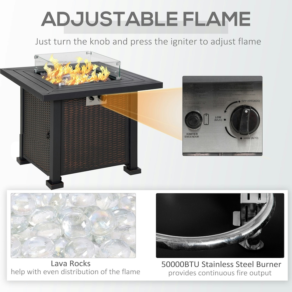 image 1 of Outsunny Outdoor Propane Fire Pit Table w/ Wind Screen & Glass Beads, Black