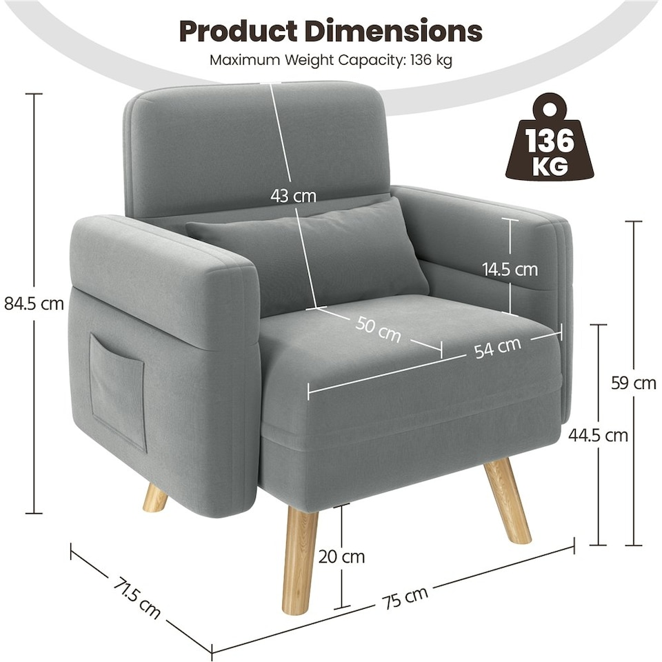 image 1 of Yaheetech Fabric Armchair Chair with Rubberwood Legs Side Pockets and Lumbar Pillow | Grey | Light Grey