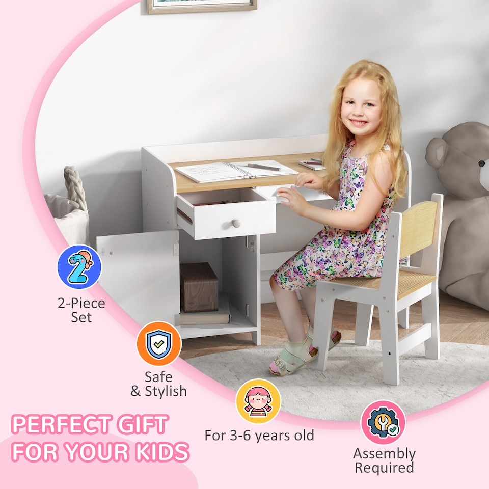 image 1 of ZONEKIZ Kids Desk and Chair Set for Ages 3-6 Years w Storage Drawer | White