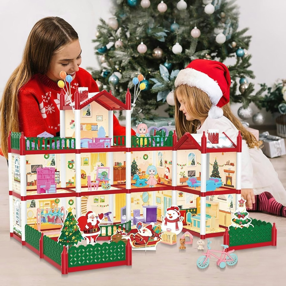 image 1 of Christmas Doll House Playset - 3D DIY Two-Story Dream Home with Accessories & Garden Holiday Gift for Kids Ages 3 plus