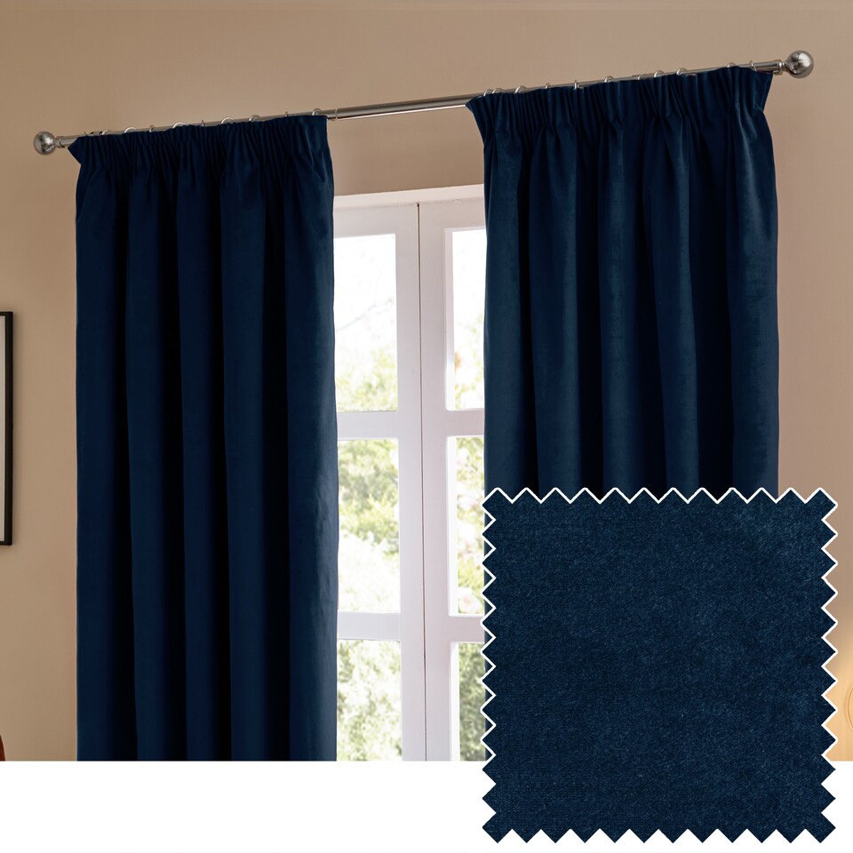image 1 of furn. The Ultimate Velvet Blackout Pencil Pleat Curtain Pair, Royal, (W)229x (D)229cm | Blue | Royal | One Size