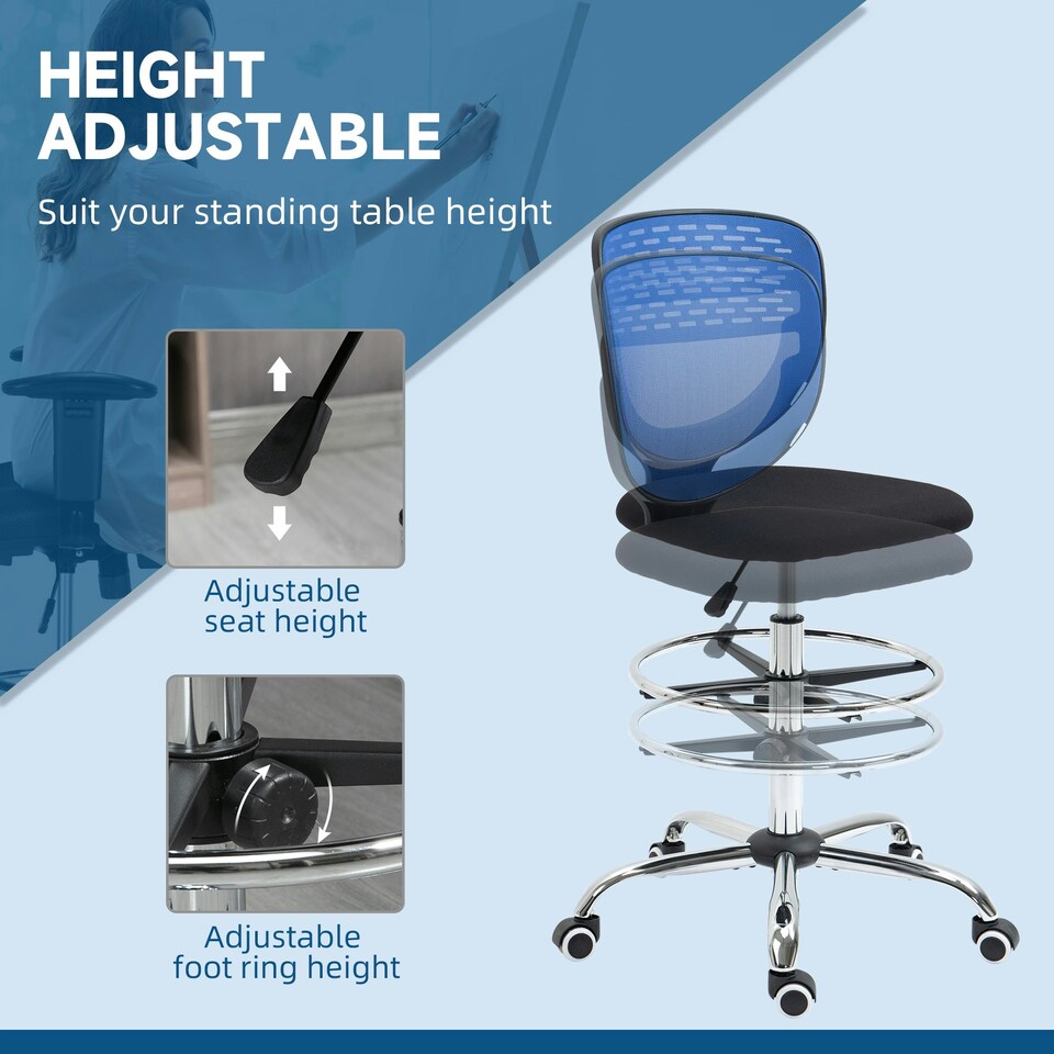 image 1 of Vinsetto Draughtsman Chair, Tall Office Chair with Lumbar Support, Blue