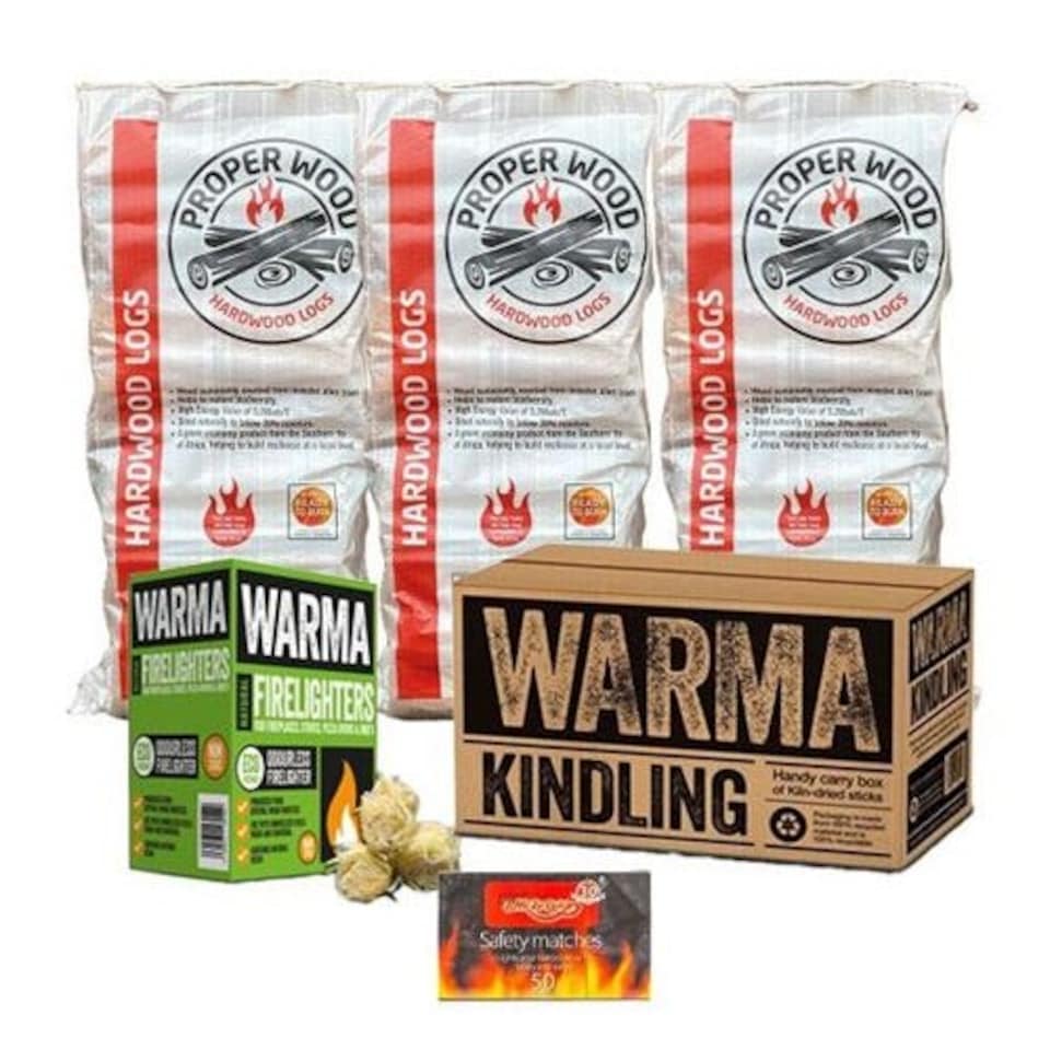 image 1 of Proper Wood South African Eucalyptus Hardwood Logs Bundle - 3 Bags Firewood, Firelighters, Matches & Large Box of Kindling