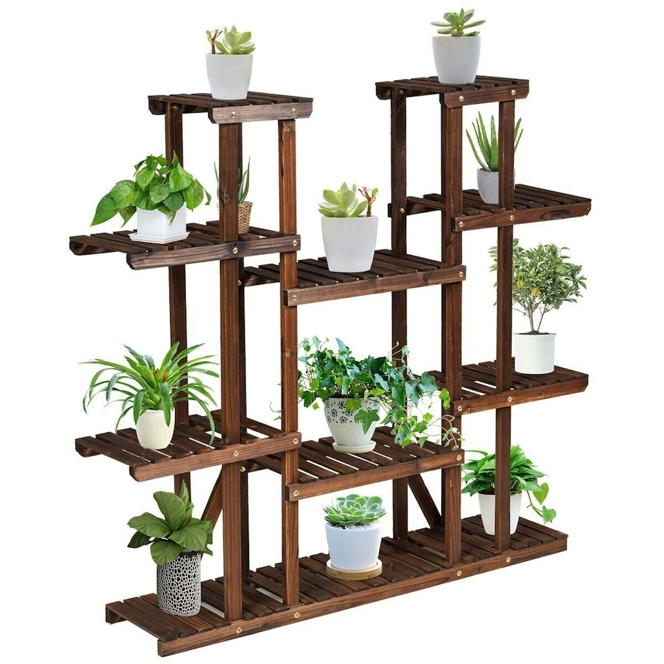 image 1 of COSTWAY 9 Tier Wood Plant Stand Display Rack Flower Shelf Brown