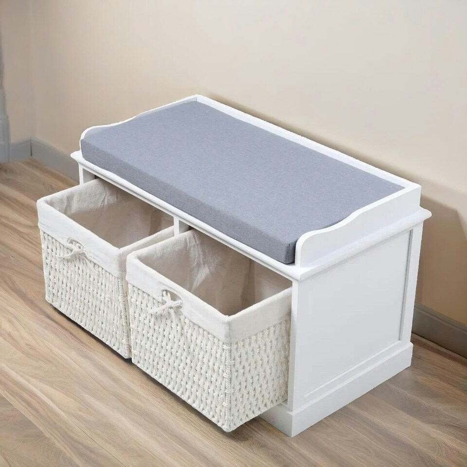 image 1 of Shoe Storage Bench With Cushioned Seat And 2 Drawers White White