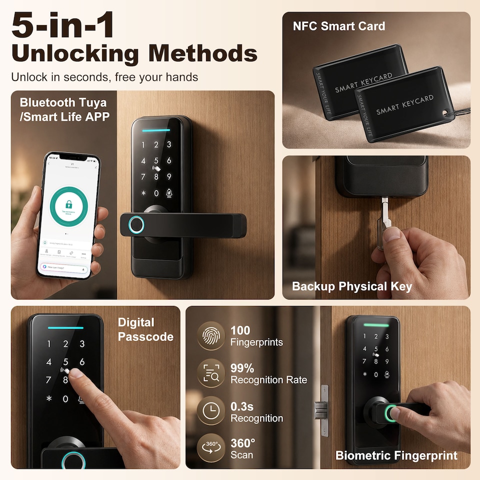 image 1 of HOMCOM Smart Door Lock, Fingerprint/Passcode/APP/NFC/Key, Doorbell