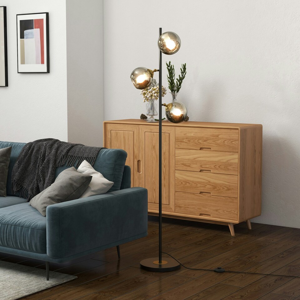 image 1 of HOMCOM Modern Floor Lamp with Glass Global Shade, 3 Light, for Living Room