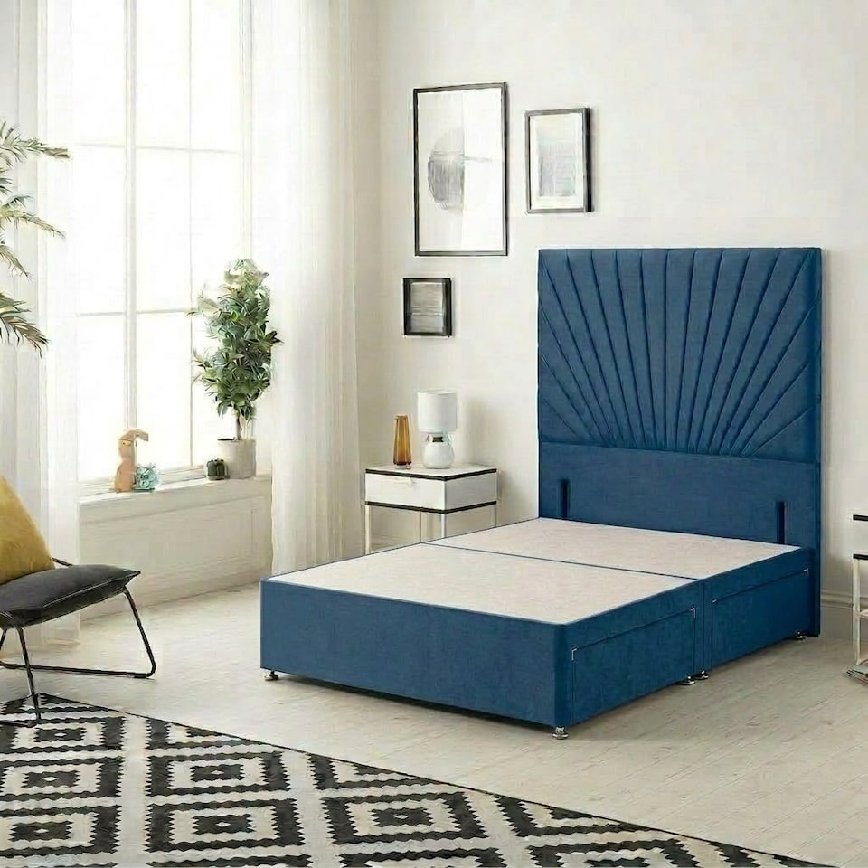 image 1 of Sunburst Divan Bed with 2 Drawers & 54'' Floor Standing Headboard Plush Velvet | Blue | Navy