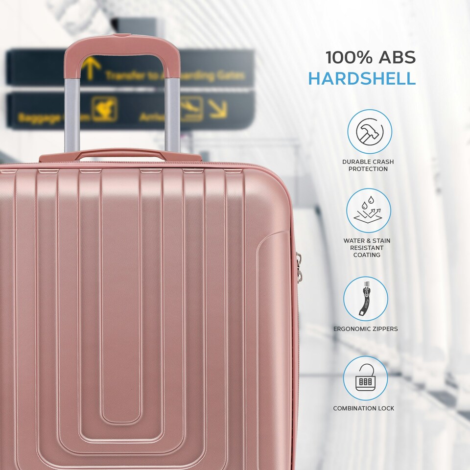 image 1 of Flight Knight Premium Hard Shell Lightweight Cabin Suitcase - 8 Spinner Wheels - Built-in TSA Lock & USB Port - easyJet Large Cabin Approved - 56x45x25cm Pink | Rose Gold | Cabin Bag