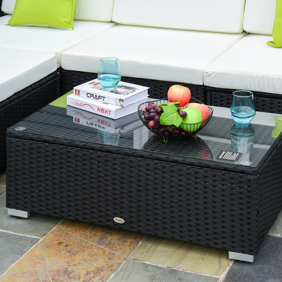 image 1 of Outsunny 5 Pieces PE Rattan Garden Furniture Set with Cushions, Outdoor Corner Sofa, Patio Sectional Conversation Furniture Sets with Glass Top Coffee Table, Black