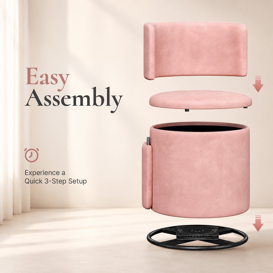 image 1 of Yaheetech Velvet Storage Ottoman Chair, 360° Swivel Tub Chair with Hidden Storage, Lift-Off Lid, Upholstered Backrest, 40L Capacity, 45.8cm H, Pink