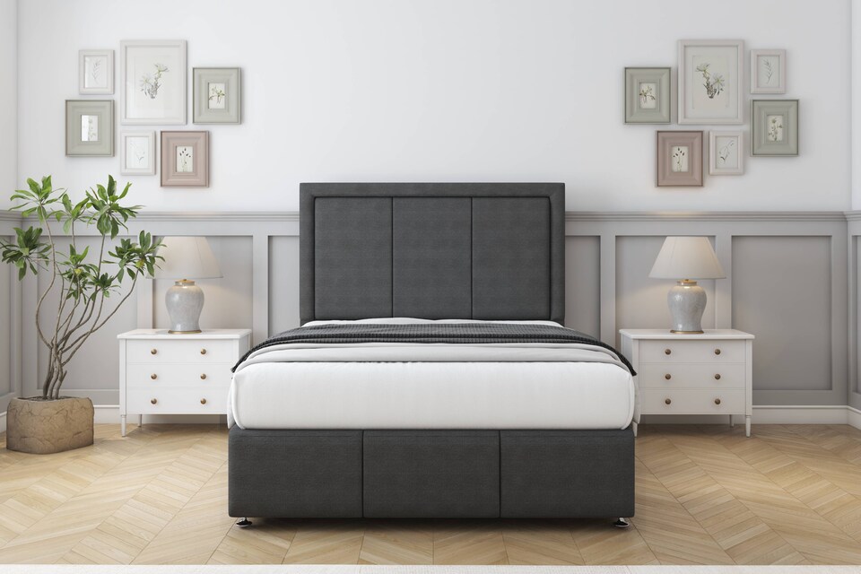 image 1 of Sloomy Lancaster Graphite Dumfries Divan Bed With Mattress 4 Drawers With 54" Floor Standing Headboard & 12" Matching Footboard 4'6 Double | Grey | Graphite | Double | 1
