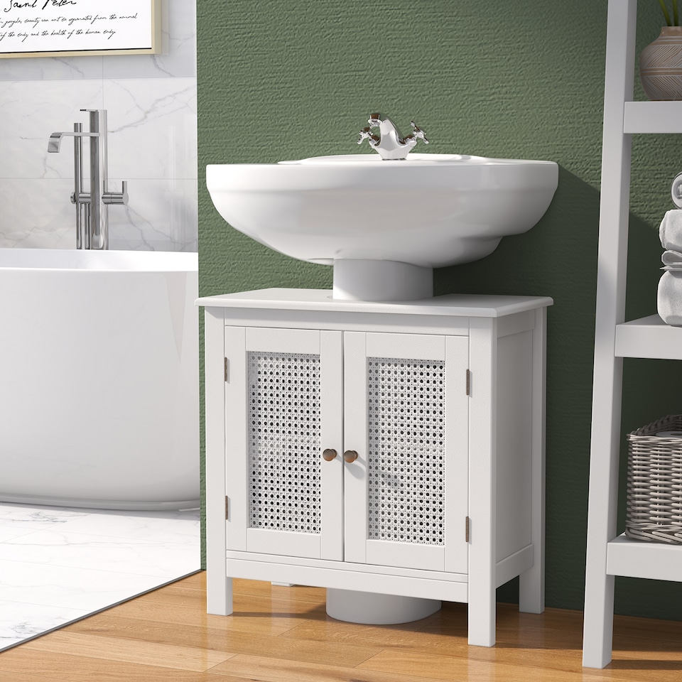 image 1 of COSTWAY Pedestal Sink Storage Cabinet with 2 Doors White