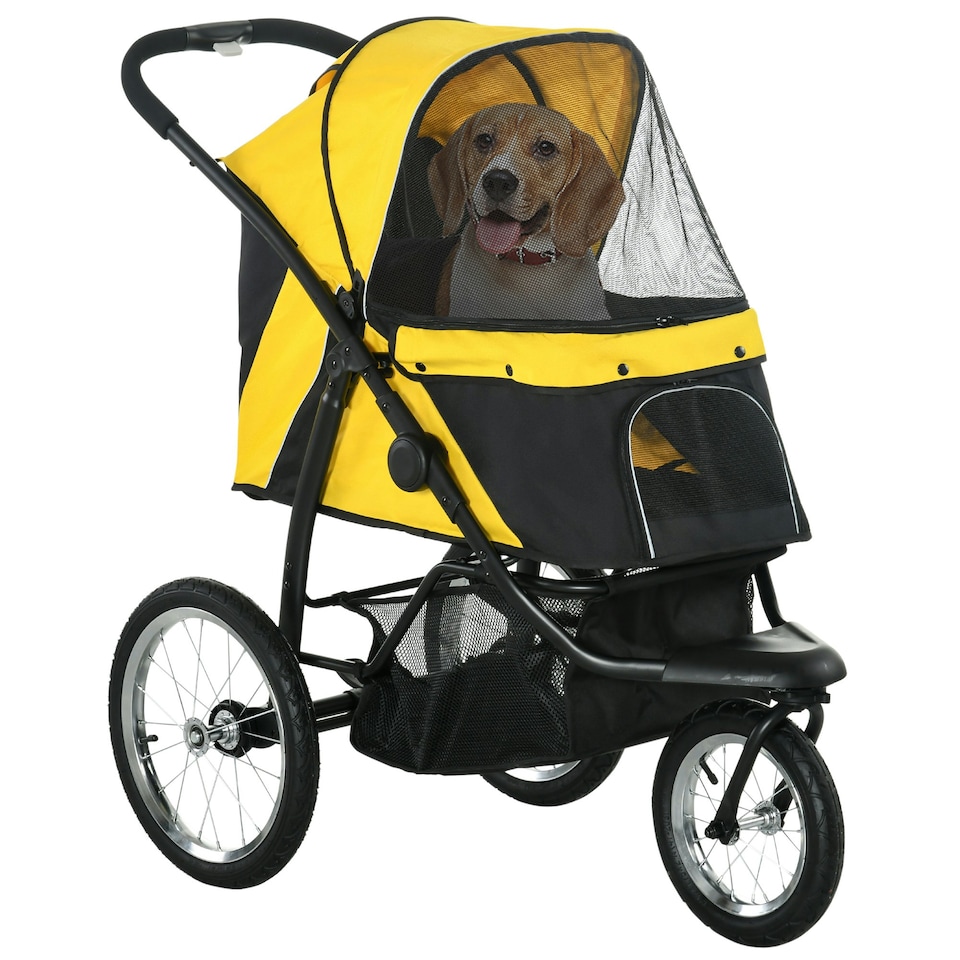 image 1 of PawHut 3 Wheel Pet Stroller, for Medium Small Dogs, Foldable Cat Pram - Yellow
