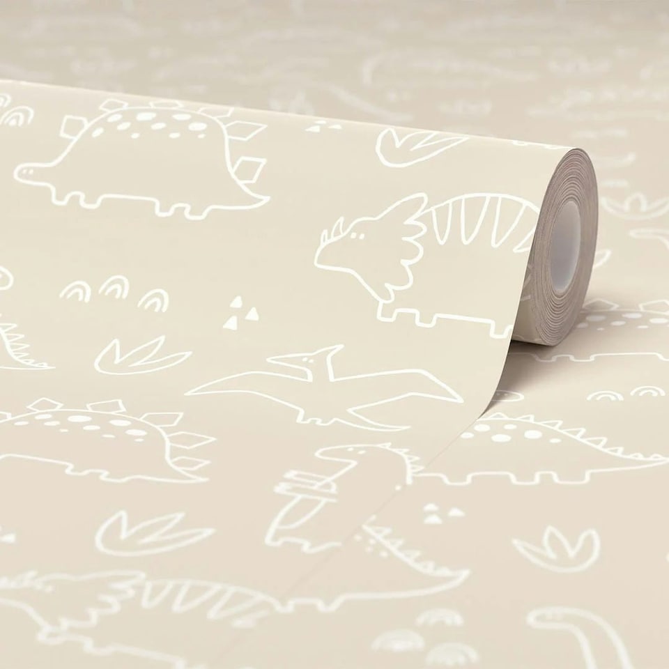 image 1 of Dinky Dinos Wallpaper in Cream and White Multi