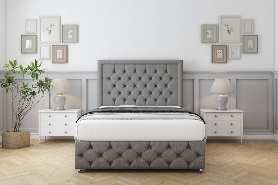 image 1 of Sloomy Vienna Pewter Dumfries Divan Bed With Mattress 2 Drawers Right Side With 54" Floor Standing Headboard & 12" Matching Footboard 4'6 Double | Grey | Pewter | Double | 1