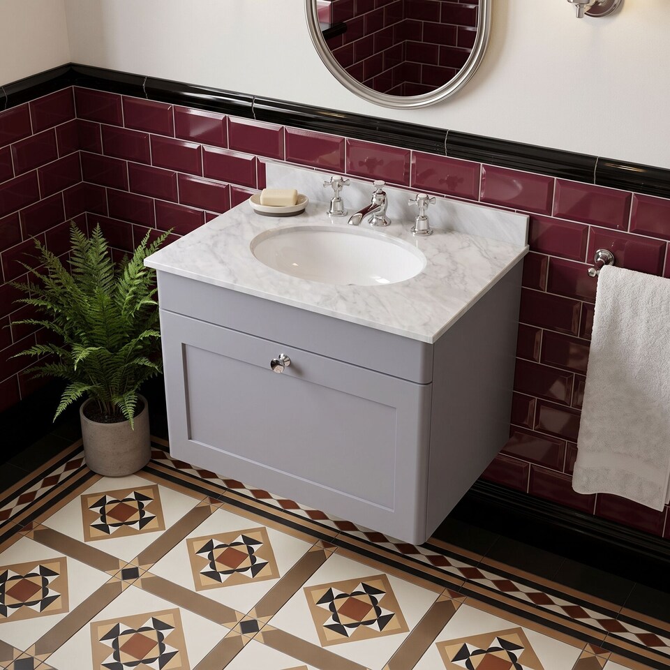 image 1 of Balterley Swynnerton Traditional 1 Drawer Wall Hung Vanity Unit with Marble Basin, Satin Grey, 600mm