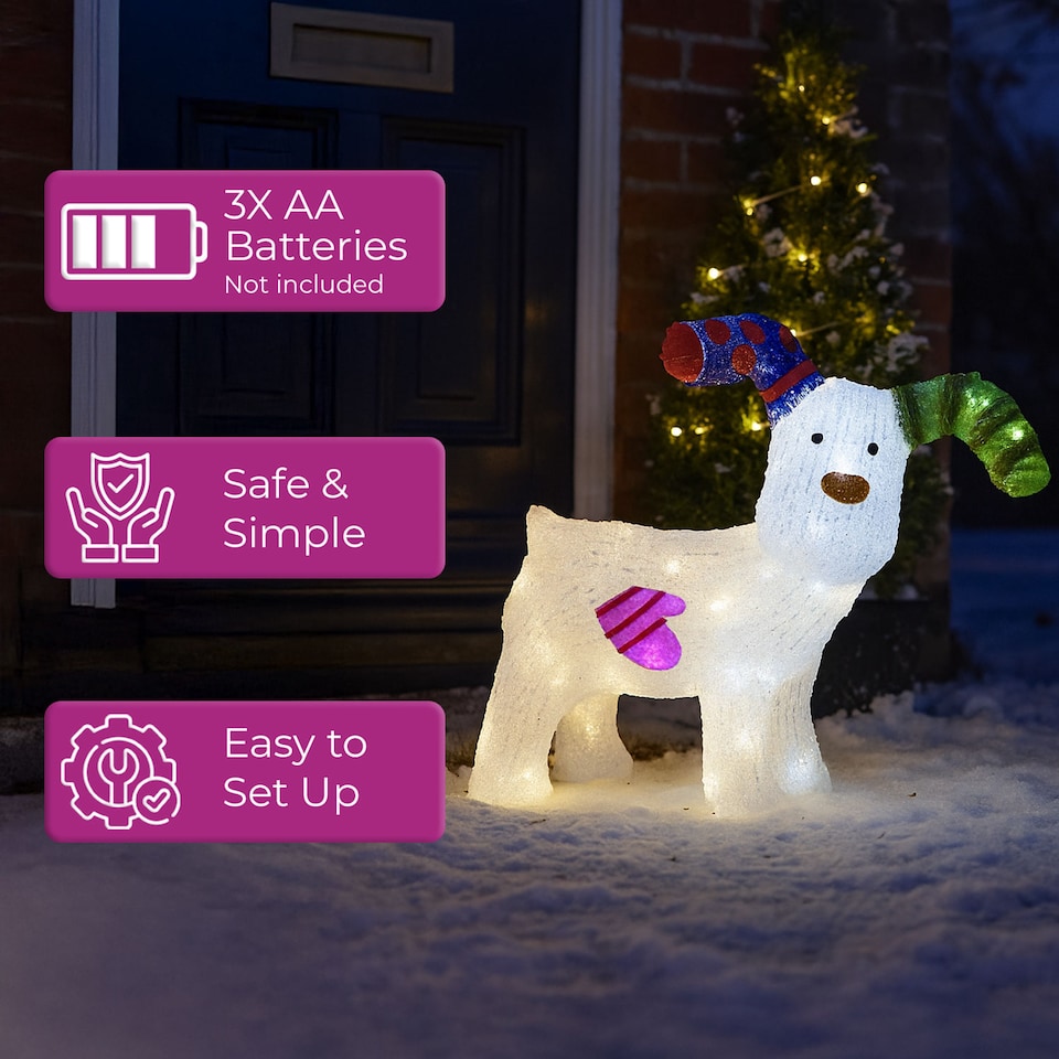 image 1 of Neo LED Snowdog Christmas Decoration 24 Ice White Lights The Snowman & The Snowdog Battery Powered Indoor Outdoor Festive Light Display Ornament Design (31cm)