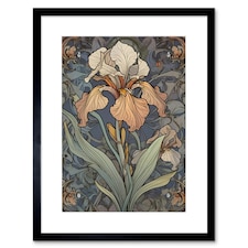 Art Nouveau Style Iris Bloom Flower Watercolour 9x7" Black Framed Wall Art Print