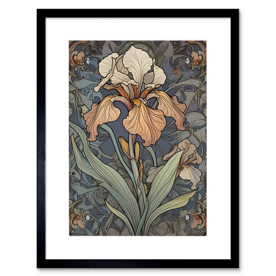 image 1 of Art Nouveau Style Iris Bloom Flower Watercolour 9x7" Black Framed Wall Art Print