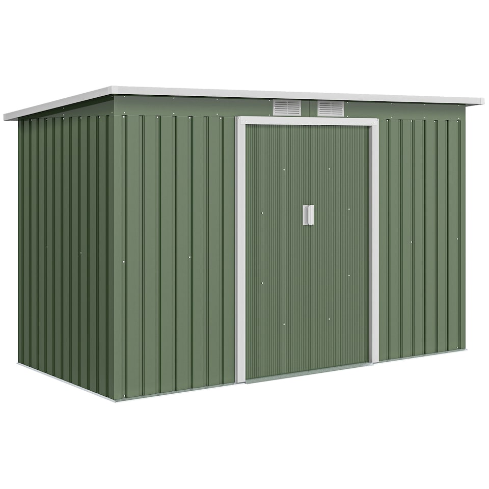 image 1 of Outsunny 9ft x 4ft Metal Garden Shed, Outdoor Tool House with Foundation Kit, Ventilations and Double Doors, Light Green
