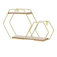 Living and Home Iron Wall Mounted 2 Tier Hexagon Floating Dispaly Shelves- Gold