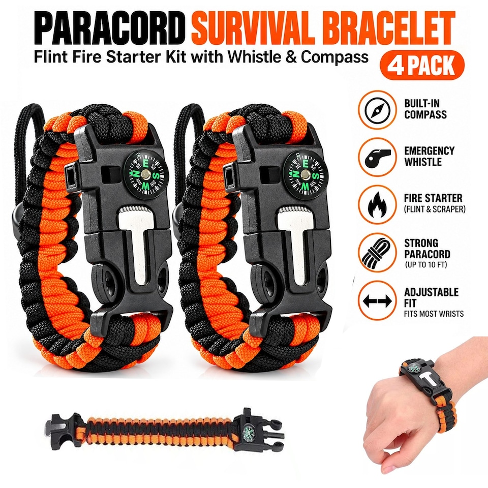 image 1 of 2 Pair Paracord Survival Bracelets with Flint Fire Starter, Whistle and Compass, Outdoor Camping, Hiking, Bushcraft Gear
