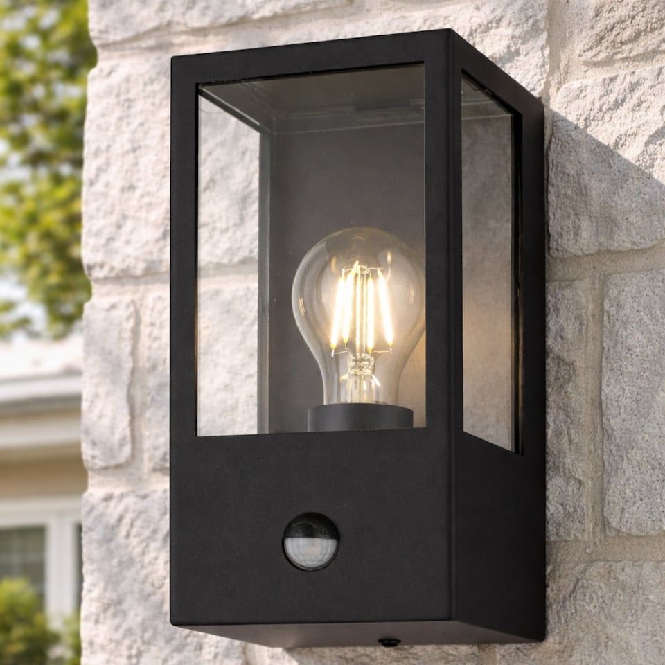 image 1 of CGC Lighting Dave PIR Black Stainless Steel Outdoor Wall Lantern E27 IP54 - Motion Sensor