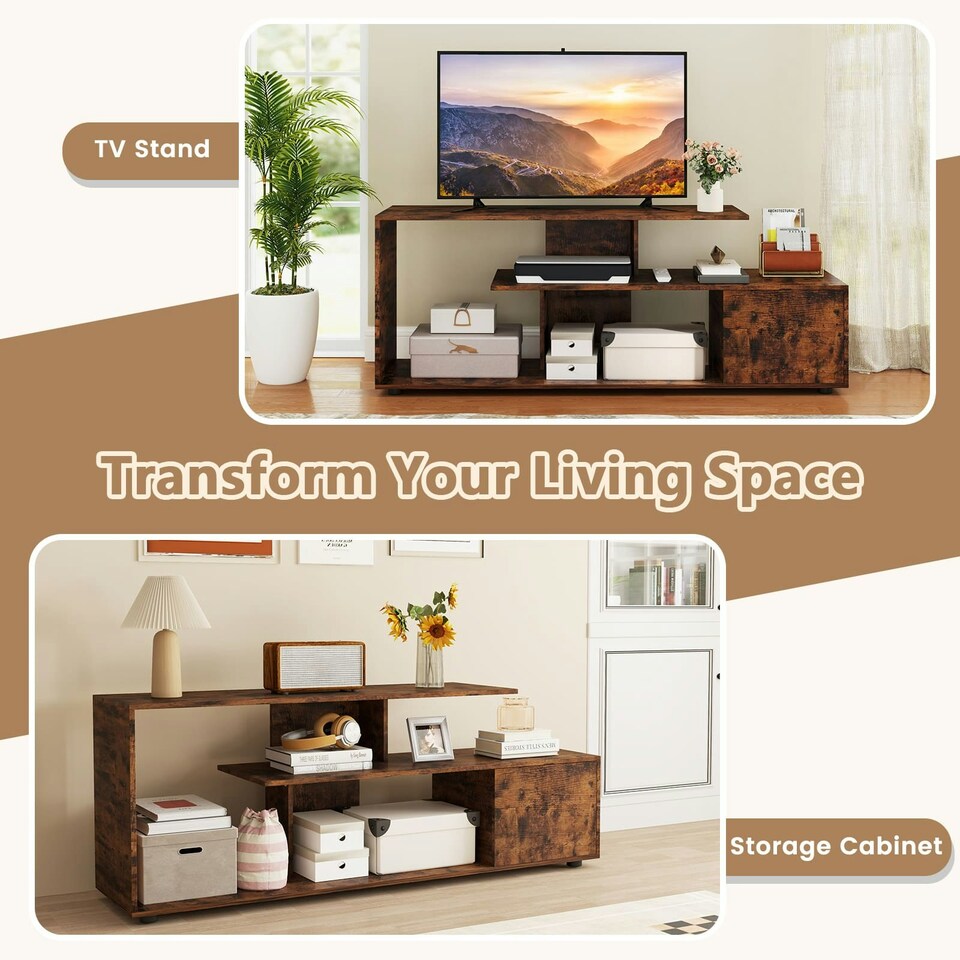 image 1 of COSTWAY TV Stand 55 Inches 3-Tier Entertainment Center Brown Brown