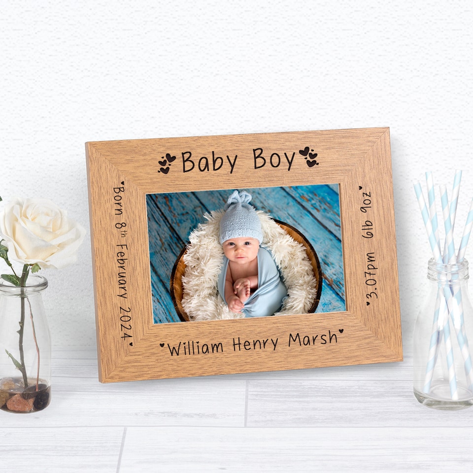 image 1 of Personalised New Baby Boy Wood Picture Frame 6 x 4 New Baby Gift