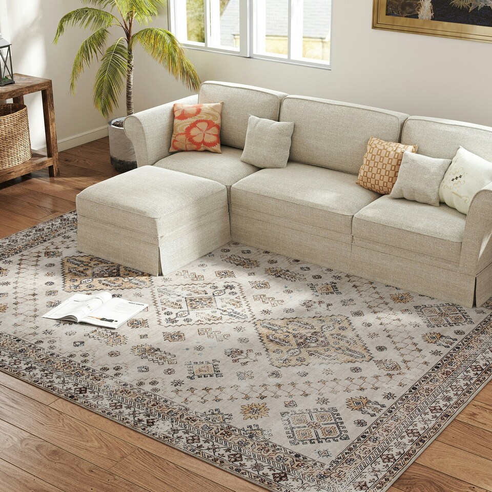 image 1 of HOMCOM Flannel Non-Slip Washable Rug for Living Room, 290 x 200 cm, Beige Cream | Brown, Blue | 290 x 200 cm