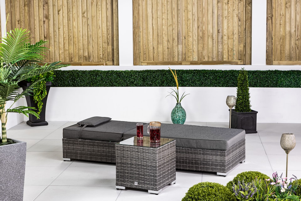 image 1 of Rattan Sun Lounger & Table Set Sun bed 6 Recline Positions + Cover | Grey | Grey