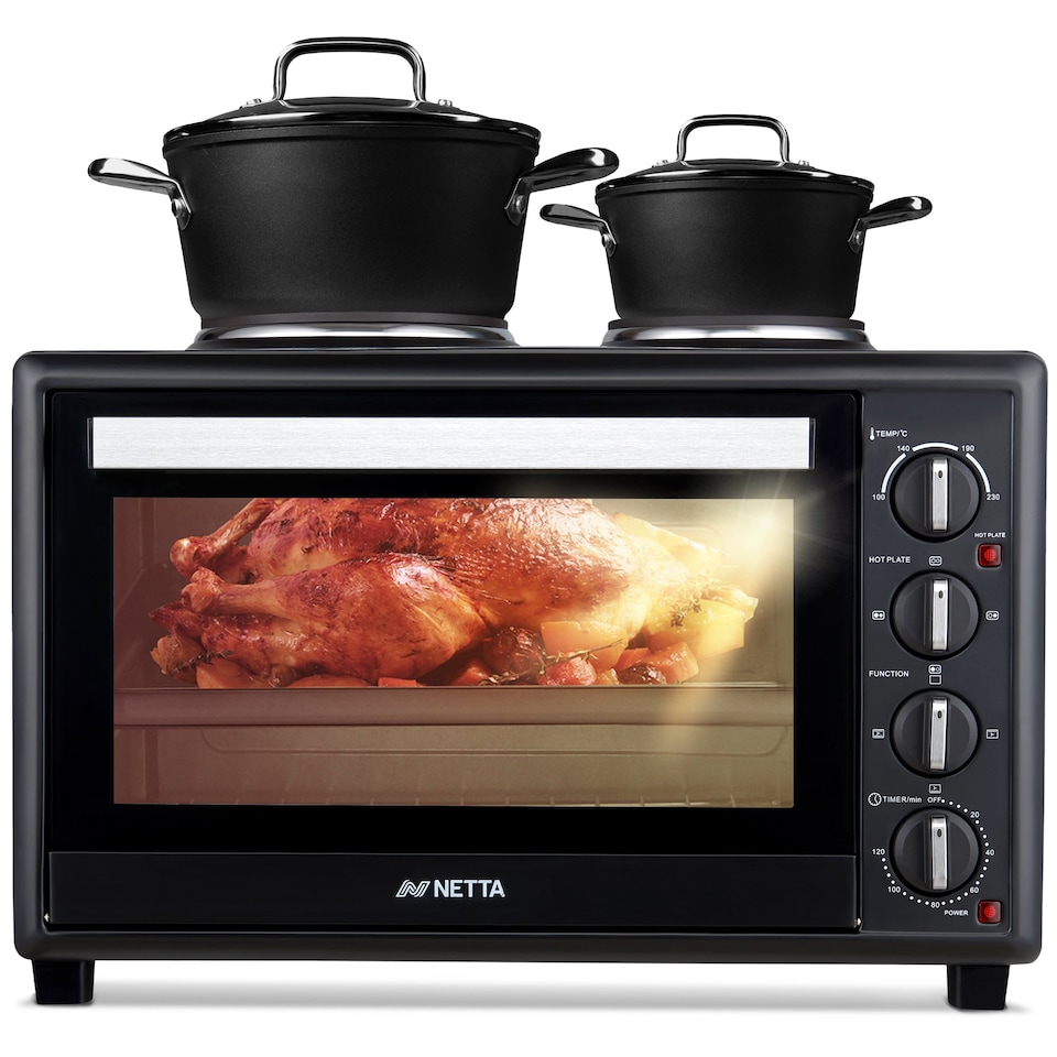 image 1 of NETTA 45L Electric Mini Oven with Double Hotplate, Grill, Adjustable Temperature and 120‑Minute Timer - 2850W