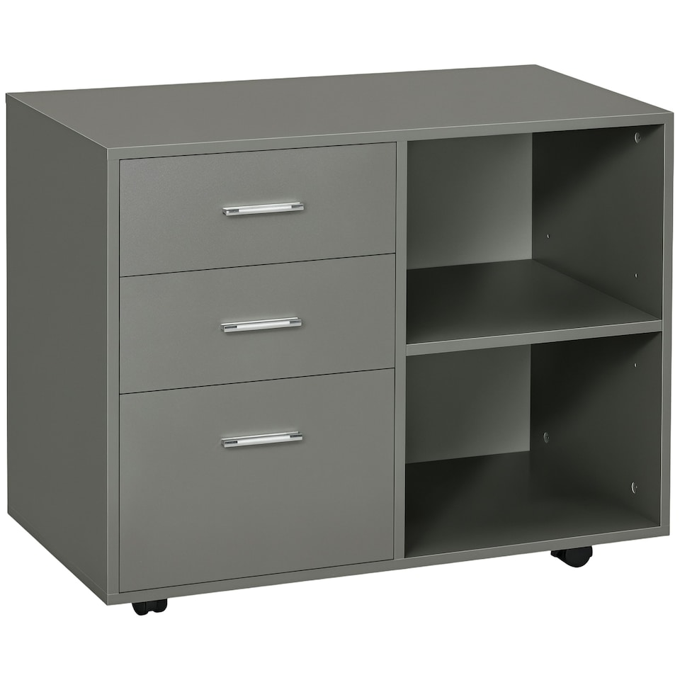 image 1 of HOMCOM Freestanding Storage Cabinet w/ 3 Drawers 2 Shelves 4 Wheels Office Grey