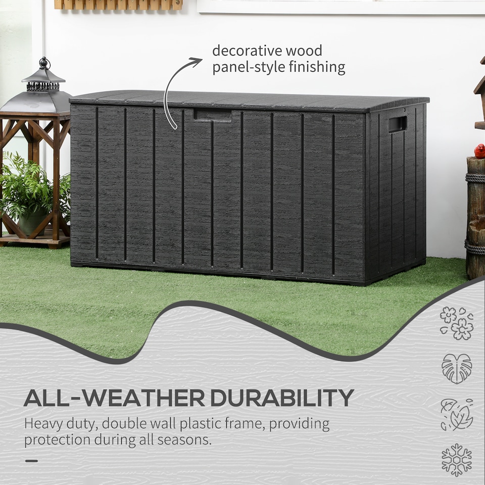 image 1 of Outsunny 336 Litre Garden Storage Box, Waterresistant Heavy Duty Double Wall Plastic Container, Extra Large Outdoor Garden Furniture Organizer, Deck Cushion Chest with Wheels and Handles, Black