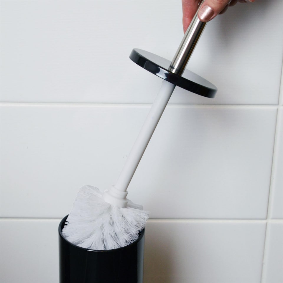 image 1 of Harbour Housewares Bathroom Bin & Toilet Brush Set - 5L - Black - Round Stainless Steel Slim Trashcan Rubbish Bin & Brush