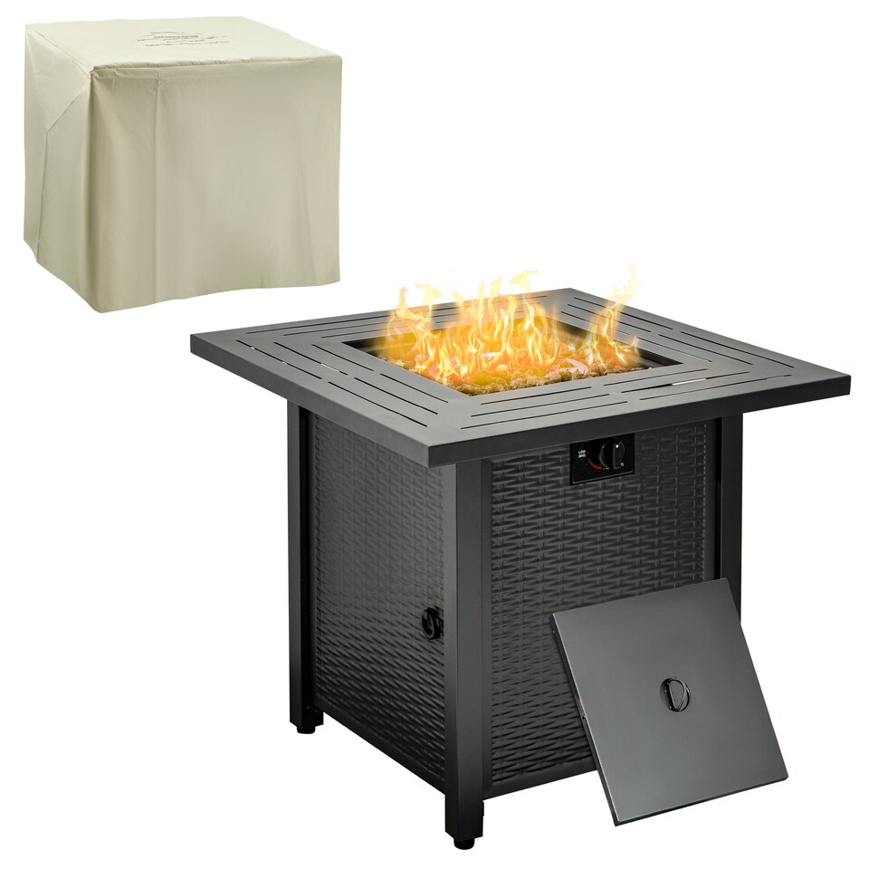 image 1 of Outsunny Square Propane Gas Fire Pit Table, 40000 BTU Rattan Smokeless Firepit Patio Heater with Protective Cover, Glass beads and Lid, 71cm x 71cm x 63cm, Black