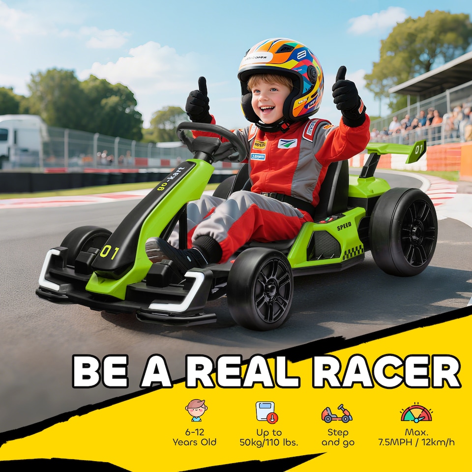 image 1 of HOMCOM 24V Electric Go Kart for Kids, Ride On Racing Kart with Adjustable Seat, Battery Powered Drifting Ride On Car with Music, Light, Slow Start, Button Start, Horn, for 6-12 Years, Green