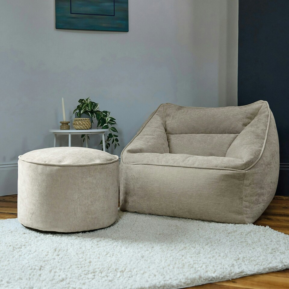 image 1 of icon Natalia Chenille Adults Bean Bag Armchair and Pouffe, Ready Filled Large Beanbag and Footstool Natural Beige Cream | Cream