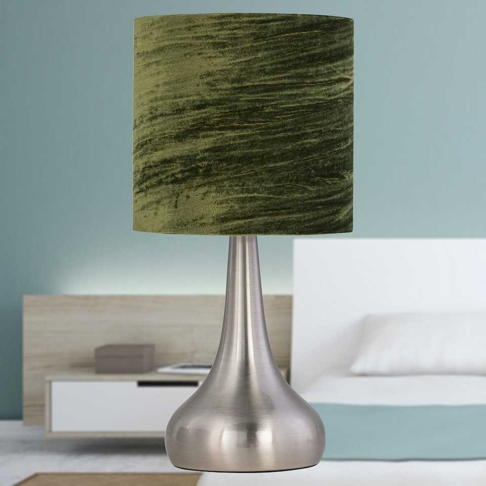 image 1 of Set of 2 Romana - Brushed Chrome Touch Operated Table Lamps Bedside Lights Dark Green Crushed Velvet Shade Silver | Green
