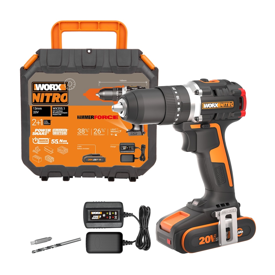 image 1 of WORX 20V Nitro Brushless Compact Combi/Impact Drill Kit 1x 2.0Ah Battery and Charger WX355.1