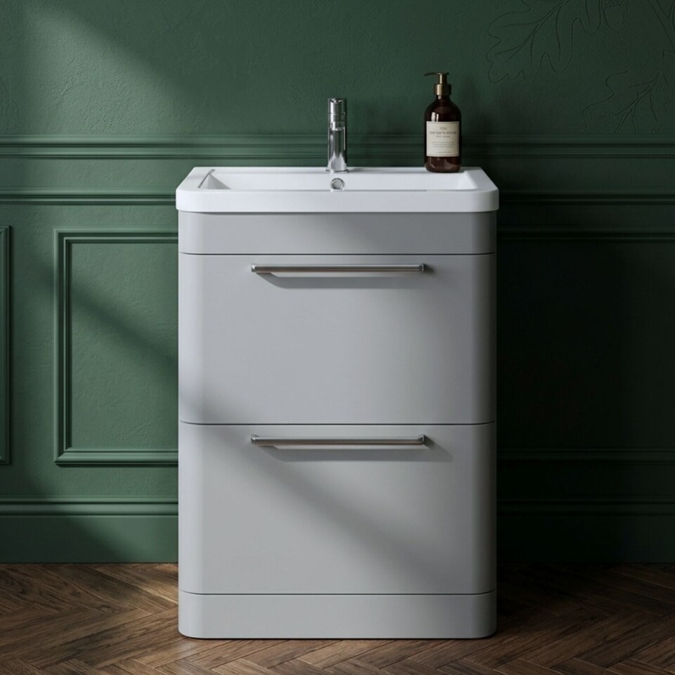 image 1 of Balterley Contemporary Bathroom Floor Standing Vanity Unit with 2 Soft Close Drawers & 1 Tap Hole Ceramic Basin, Satin Grey, 600mm
