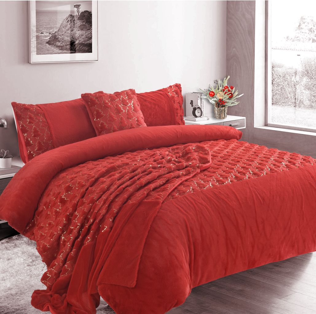 Homes Linen Red Christmas Tree Teddy Fleece Duvet Cover Set with Soft Plush Festive Winter Bedding Set Red King