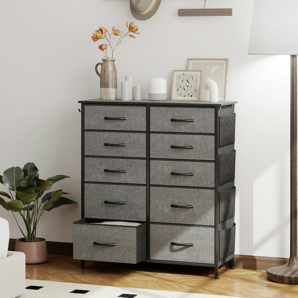 image 1 of HOMCOM Fabric Chest of Drawers, 10 Drawer Dresser for Bedroom, Charcoal Grey Grey