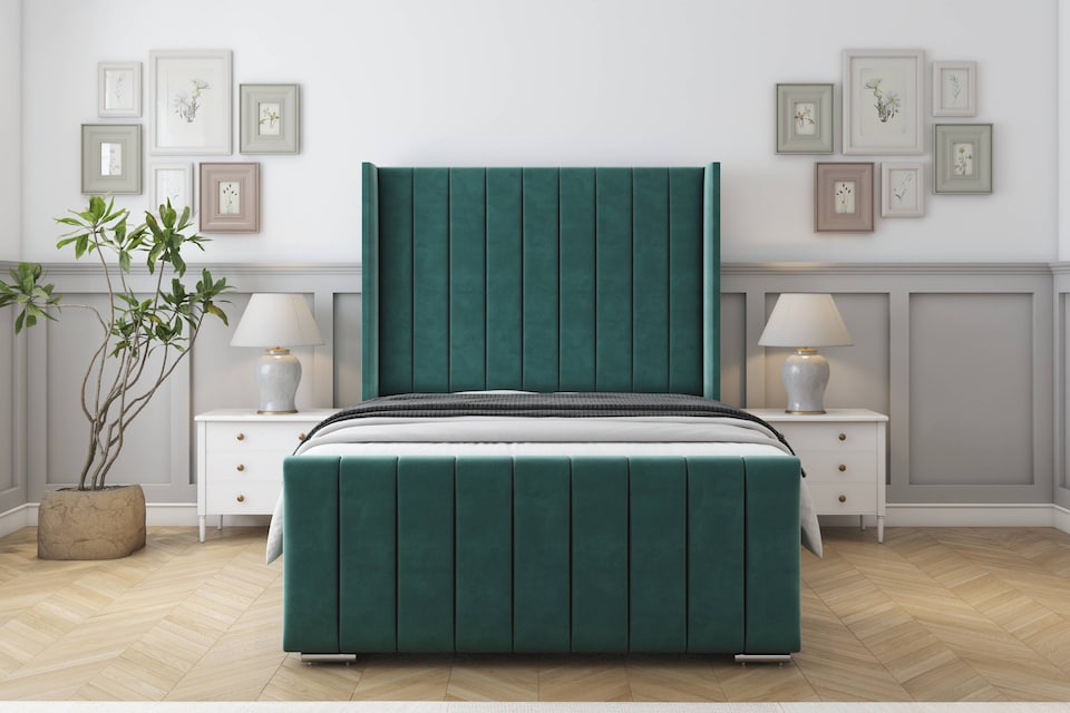 image 1 of Sloomy Melbourne Emerald Plush Bed Frame With Mattress  With 50" Upholstered Wingback Headboard 4' Small Double