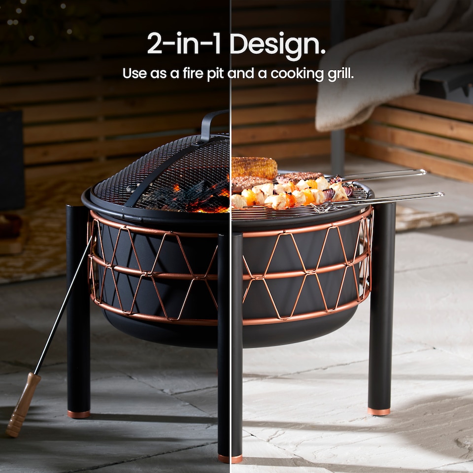 image 1 of VonHaus Fire Pit with Copper Rim and BBQ Cooking Grill