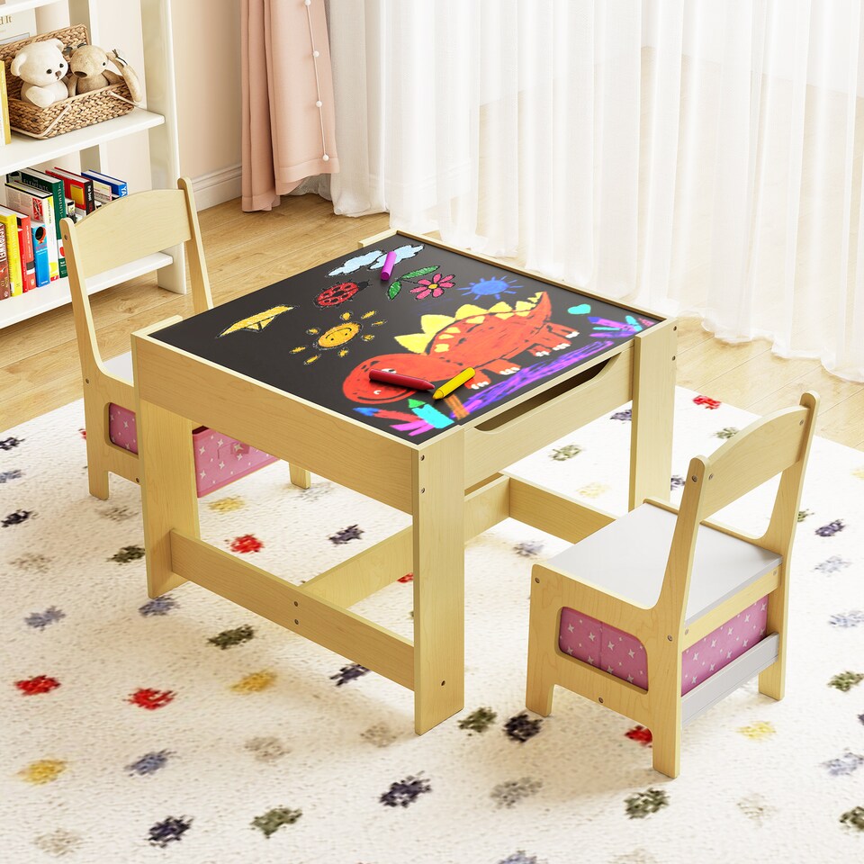 image 1 of COSTWAY Kids Multifunctional Table and 2 Chairs Set Pink