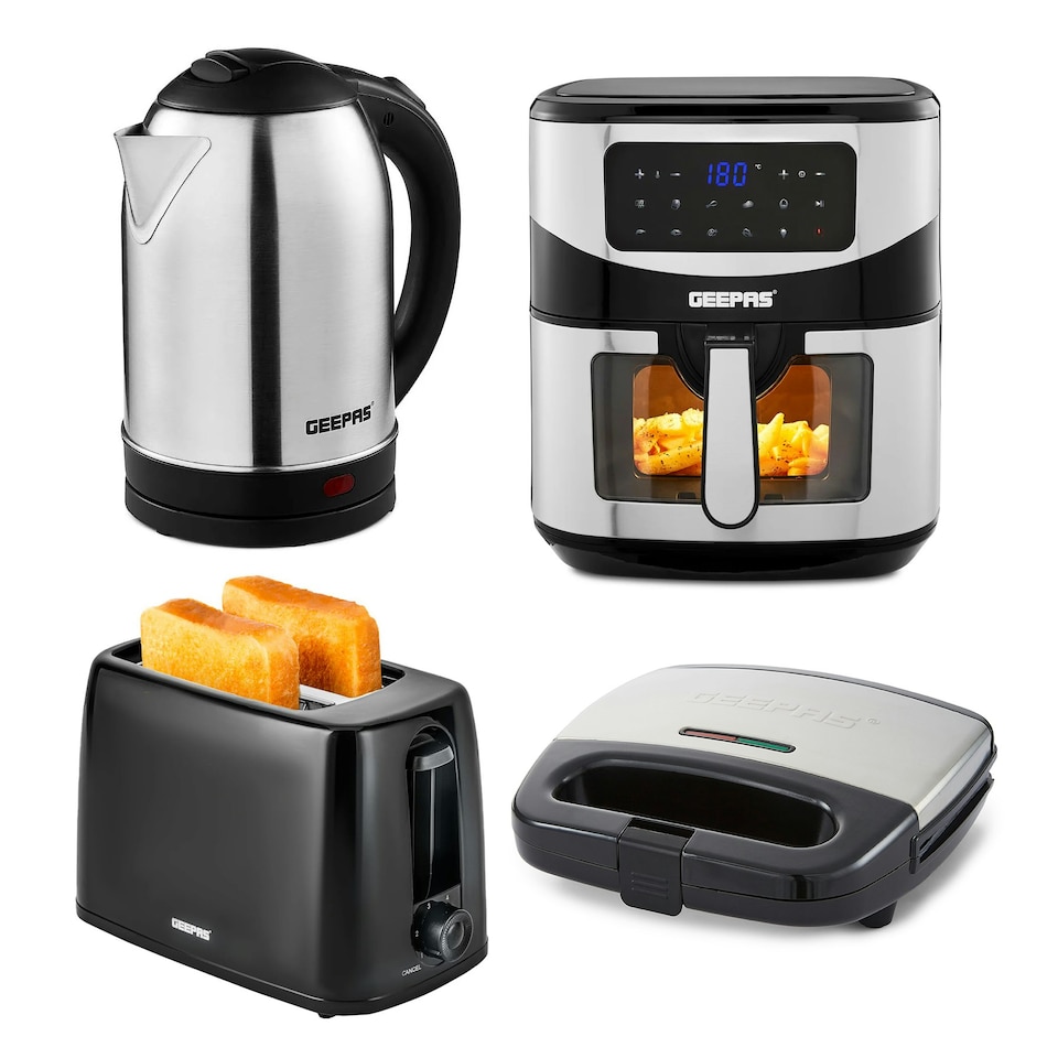 GEEPAS 1.8L Kettle 2 Slice Toaster Panini Grill & 9.2L Digital Air Fryer Combo Kitchen Set