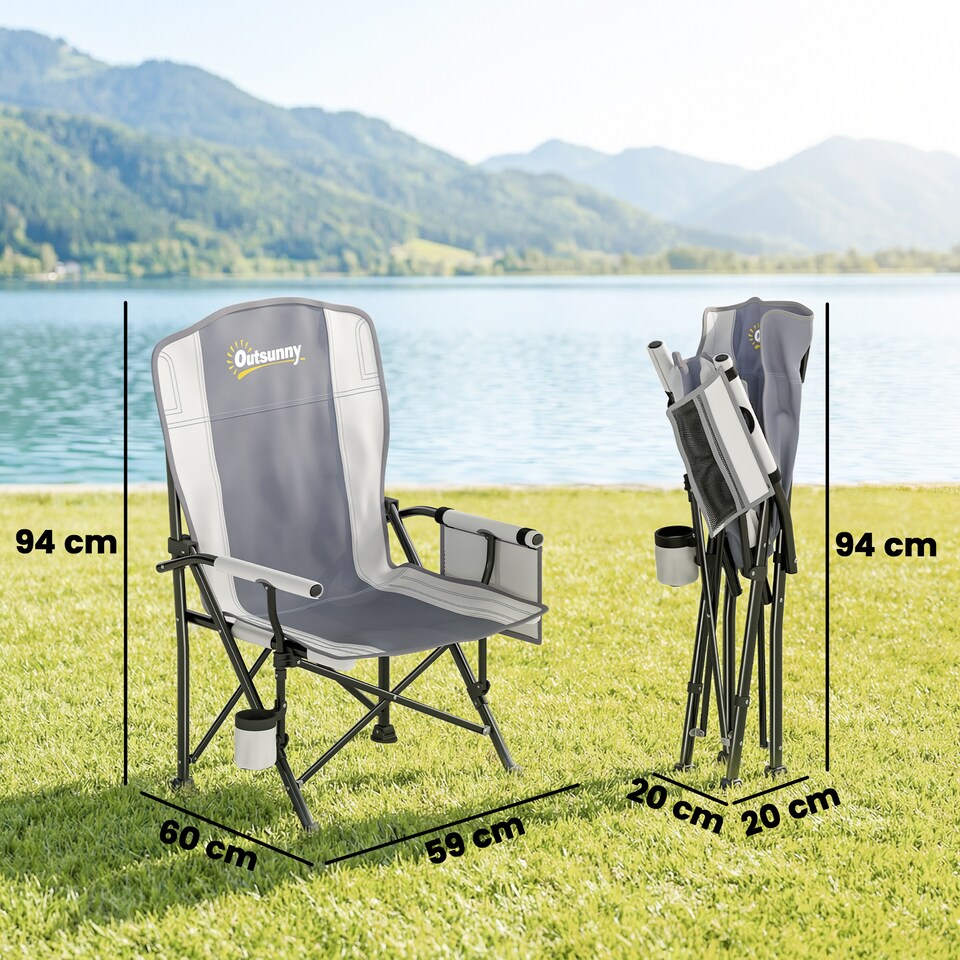 image 1 of Outsunny Sports Camping Chair Padded for Adults with Side Pocket Light Grey